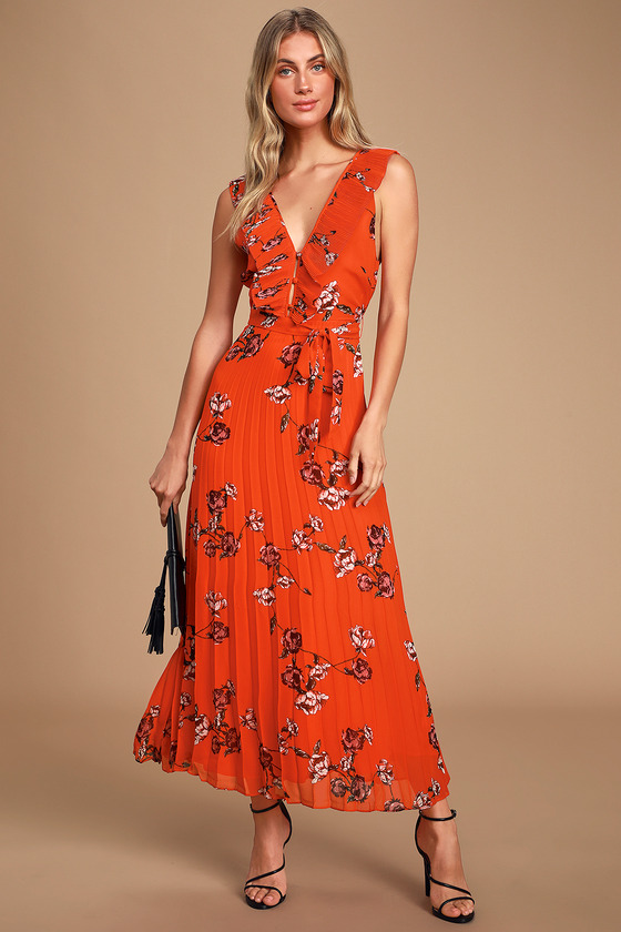 Red Orange Floral Print Dress - Maxi ...